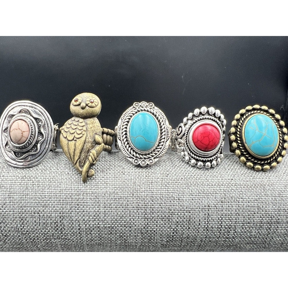 Stretch Band Ring Lot 5pc Owl Turquoise Red Stone Adjustable Western‎